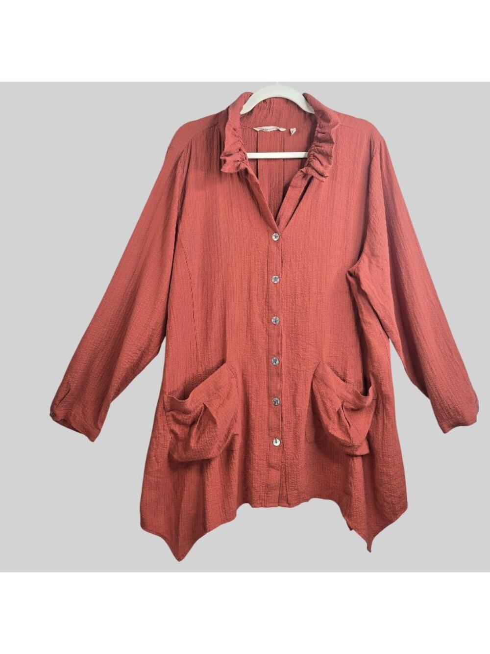 Crinkled Gauze Button Down Tunic Shirt 1X Rust Orange Patch Pocket Lagenlook Top